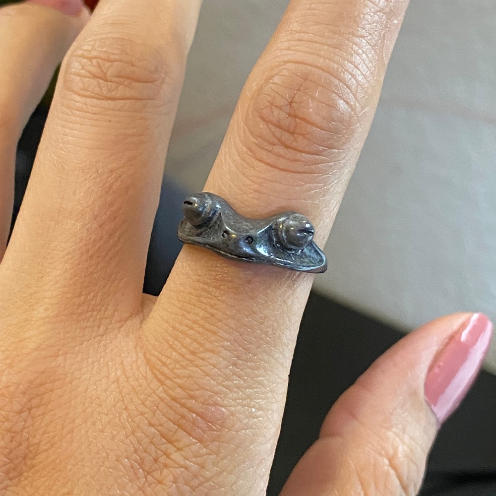 Black Frog Open Ring,Silver Adjustable Ring,Silve… - image 1